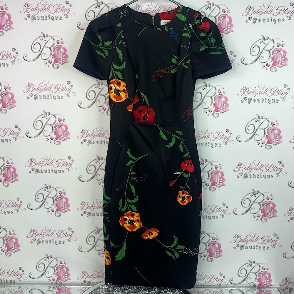 Calvin Klein dress long flowers luxury Black Dress with Floral Accents